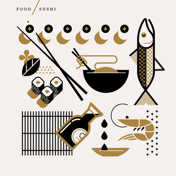 Illustration of sushi icons Creative abstract vector art illustration of sushi. Geometric shapes modern concept. Line art food eat roll noodle soup chopstick soy sauce raw cook fish salmon tuna crab shrimp squid wasabi outline fish in a bowl stock illustrations