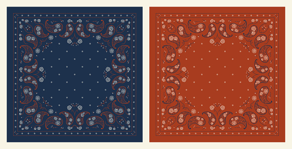 Set of Paisley Bandana Prints. Vector Floral Square Ornament Navy Blue and Dark Brick Red Colors with Peony Flowers and Small Bluebells. Vintage Oriental Silk Neck Scarf, Head Scarf or Kerchief design