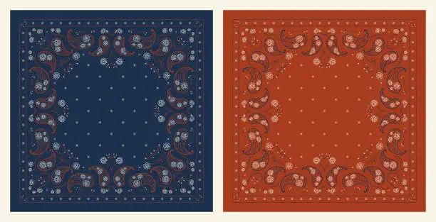 Vector illustration of Set of Paisley Bandana Prints. Vector Floral Square Ornament Navy Blue and Dark Brick Red Colors with Peony Flowers and Small Bluebells. Vintage Oriental Silk Neck Scarf, Head Scarf or Kerchief design