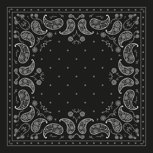 paisley bandana drukuj. vector floral square czarno-biały ornament ze stylizowanymi kwiatami piwonii i małymi dzwonkami. vintage oriental silk neck szalik, chusta na głowę lub chusta - oriental pattern stock illustrations