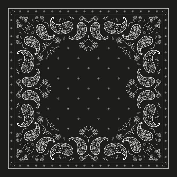 ilustrações de stock, clip art, desenhos animados e ícones de paisley bandana print. vector floral square black and white ornament with stylized peony flowers and small bluebells. vintage oriental silk neck scarf, headscarf or kerchief design - neckerchief