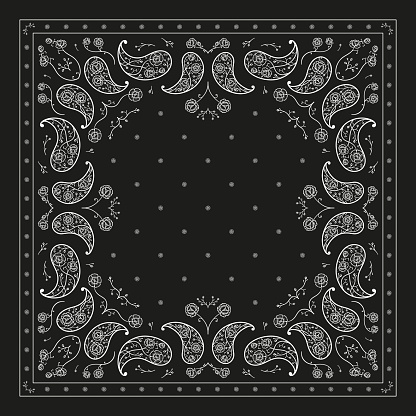 Paisley Bandana Print. Vector Floral Square Black and White Ornament with Stylized Peony Flowers and Small Bluebells. Vintage Oriental Silk Neck Scarf, Headscarf or Kerchief design