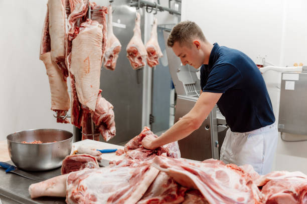 Young man working at the slaughterhouse stock photo