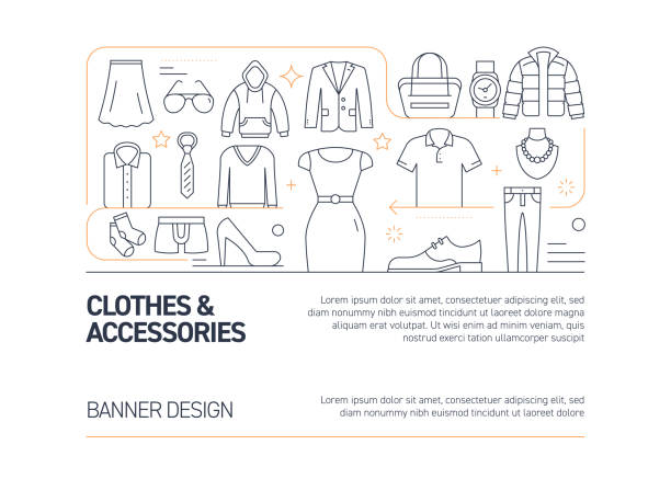 Clothes and Accessories Related Vector Banner Design Concept, Modern Line Style with Icons Clothes and Accessories Related Vector Banner Design Concept, Modern Line Style with Icons preppy fashion stock illustrations
