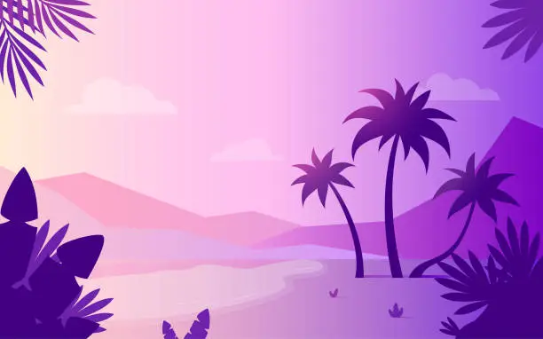 Vector illustration of Tropic palm tree background purple flat wallpaper