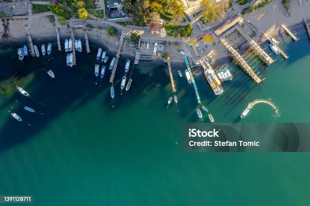 Aerial Of Boats In A Port In Lake Atitlan Guatemala Stock Photo - Download Image Now