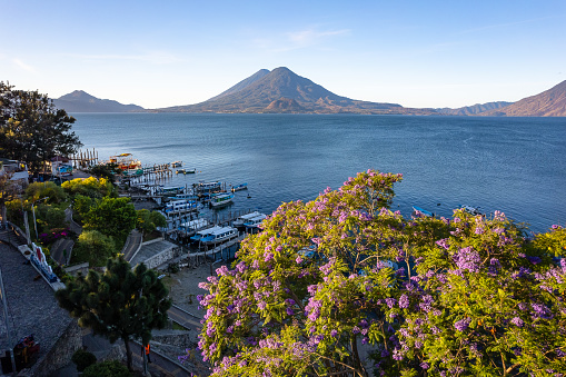 Aerial of a small fishing pier on Lake Atitlan in Guatemala with Toliman volcano in the background and fishing boats in the water shot through the canopy of the tree