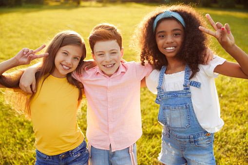 Company of cheerful multiracial kids hugging and showing peace signs while standing on meadow in summer and looking at camera