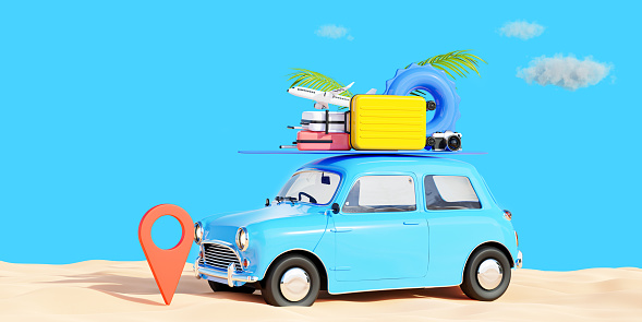 3d render of retro car with travel and vacation concept.