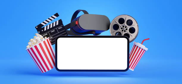 istock 3d render of Smartphone with cinema decoration on blue background. 1391129957