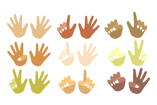 Finger counting kit for mental math school, math course, creative kids. Palms of different colors, different races. Finger counting. Math. Modern design vector illustration concept for website design.