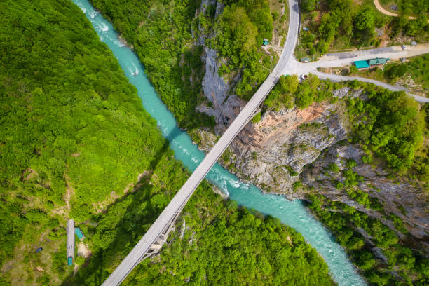 Aerial view of Djurdjevica bridge over the river Tara Aerial view of Djurdjevica bridge over the river Tara in Montenegro, Europe durmitor national park photos stock pictures, royalty-free photos & images