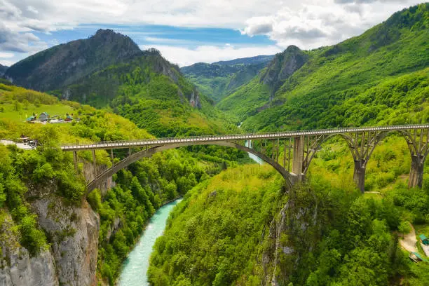 Aerial view of Djurdjevica bridge over the river Tara in Montenegro, Europe