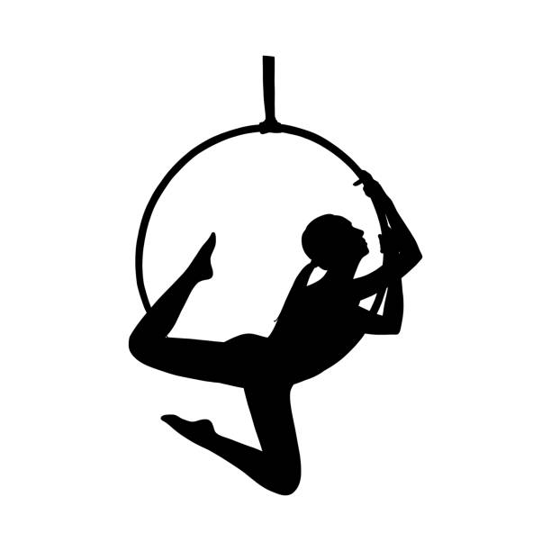 illustrazioni stock, clip art, cartoni animati e icone di tendenza di siluetta di ginnasta femminile aerea in cerchio. acrobazia di ginnastica aerea. illustrazione vettoriale - women circus acrobat gymnastics