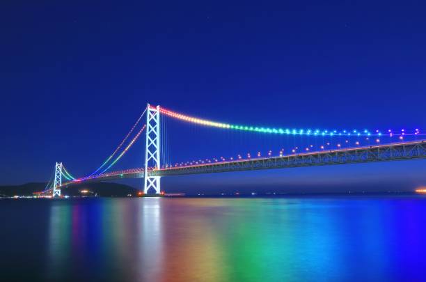 nachtansicht der in regenbogenfarben beleuchteten akashi kaikyo brücke - kobe bridge japan suspension bridge stock-fotos und bilder