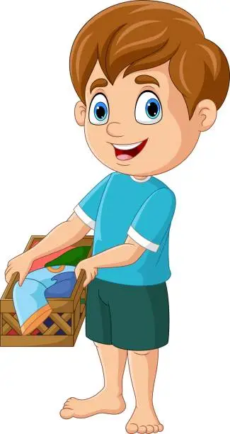 Vector illustration of Cartoon little boy with a basket of clothes