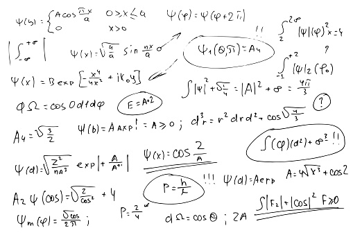 Quantum mechanics. Scientific formulas and expressions. Written by hand on a white background. vector image.