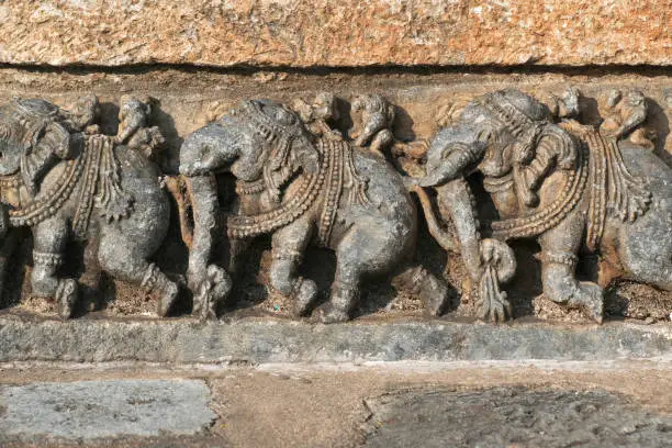 Photo of Belur, Karnataka, India - Dec 19 2021, Belur and Halebidu temple, Elephant carvings and sculptures, Hoysala temples - Chennakeshava Temple.