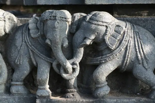 Photo of Belur, Karnataka, India - Dec 19 2021, Belur and Halebidu temple, Elephant carvings and sculptures, Hoysala temples - Chennakeshava Temple.