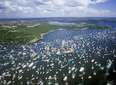 Aerial view of bay with boats, background with copy space, full frame horizontal composition,