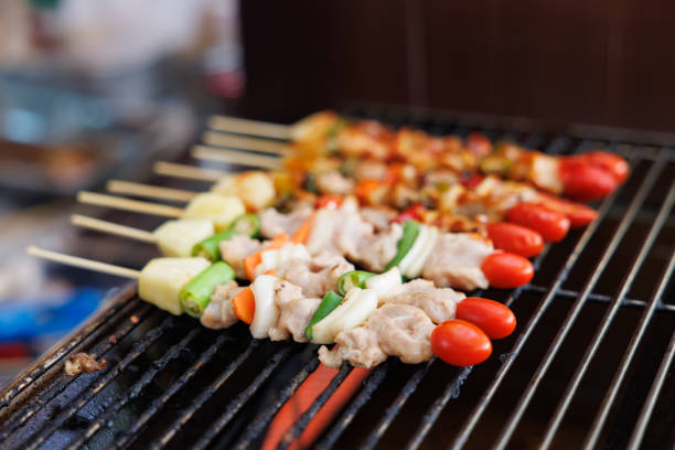 BBQ sticks on smokeless electric grill.