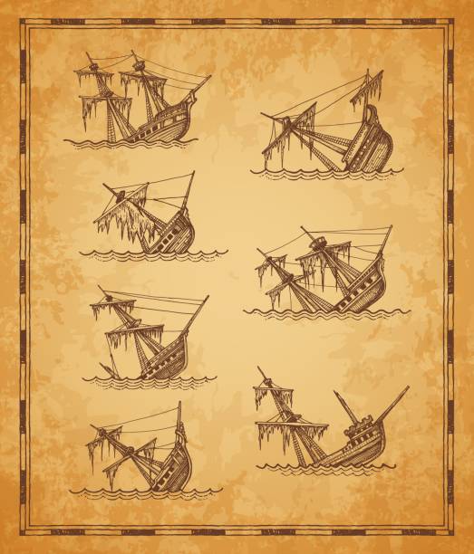 illustrations, cliparts, dessins animés et icônes de croquis de voiliers coulés, éléments de carte vintage - storm pirate sea nautical vessel