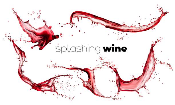 Red wine isolated splashes with drops, alcohol Red wine isolated splashes with drops, liquid alcohol drink swirl. Transparent vector waves, splashing swirls, aqua dynamic motion elements with spray droplets. Alco beverage ad realistic 3d design blood pouring stock illustrations