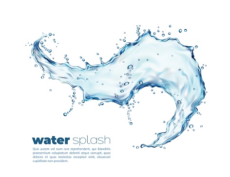 Isolated blue water wave splash with splatters. Clean vector liquid 3d flow with drops, transparent splashing aqua dynamic motion with spray droplets. Realistic fresh drink, hydration