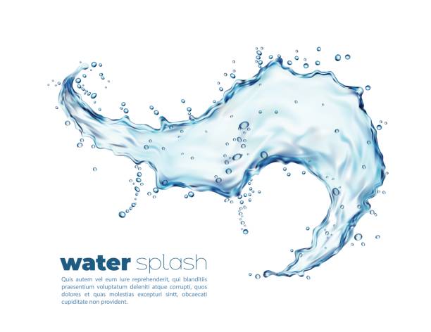 Isolated blue water wave splash with splatters Isolated blue water wave splash with splatters. Clean vector liquid 3d flow with drops, transparent splashing aqua dynamic motion with spray droplets. Realistic fresh drink, hydration freshwater stock illustrations