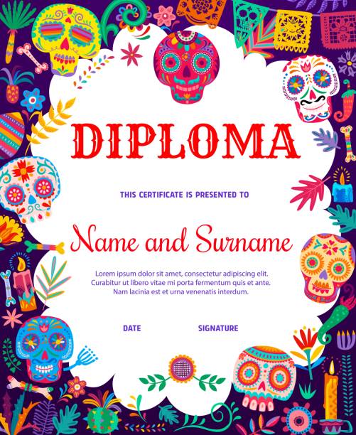 Mexican skull sugar skulls, day of the dead Mexican calavera sugar skulls and dia de los muertos holiday objects kids diploma. Education vector school or kindergarten certificate with cartoon Mexico candles, papel picado flags and bones frame mexican day of the dead stock illustrations