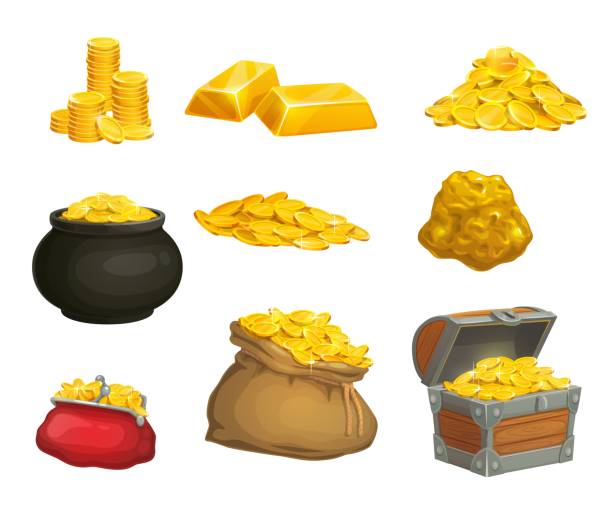 Cartoon golden coins, nuggets, chest and wallet Cartoon golden coins, nugget, chest and wallet or bag, pot of gold, vector game asset. Gold and golden coins of pirate treasure, money bank and secret box of game reward bonus bag of coins stock illustrations