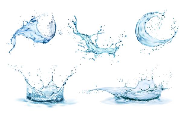 Water crown splashes and wave swirl with drops Water crown splashes and wave swirl with drops. Vector transparent blue liquid splashing fluids with droplets, isolated realistic 3d elements, fresh drink, clear aqua falling or pour with air bubbles splashing stock illustrations