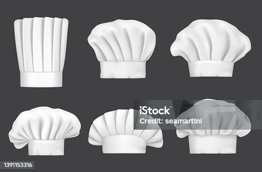 istock Chef hats, realistic 3D cook caps and baker toques 1391153316