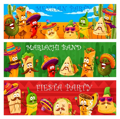 Mexican fiesta party, cartoon funny mariachi food characters. Vector banners with tex mex snack meals in sombrero and poncho playing maracas and guitar, singing on desert landscape with cactuses