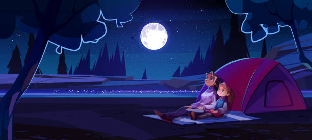 Woman and girl in summer camp at night Woman and girl in summer camp on river shore at night. Vector cartoon illustration of mother with child watching on sky with full moon and stars. Family campsite with tent girl silouette forest illustration stock illustrations