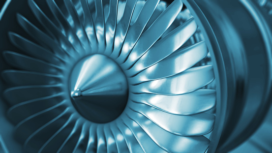 3D Rendering jet engine, close-up view jet engine blades. Closeup shot of jet engine front fan. 3D animation.