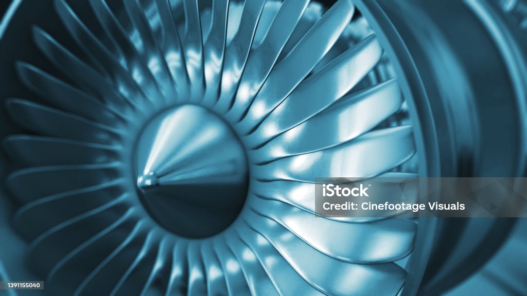 3D Rendering jet engine, close-up view jet engine blades. Closeup shot of jet engine front fan. 3D animation. Aerospace Engineering Stock Photo