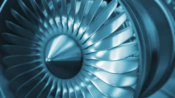 Photo of 3D Rendering jet engine, close-up view jet engine blades. Closeup shot of jet engine front fan. 3D animation.