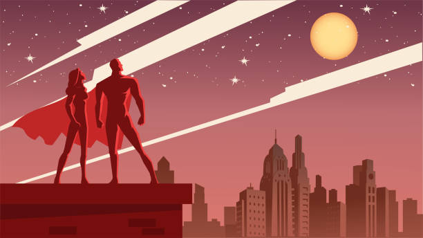 Vector Art Deco Style Superhero Couple in the City Stock Illustration A retro art deco style vector illustration of a couple of superheroes standing on a rooftop with city skyline in the background. Wide space available for your copy. decoteau stock illustrations