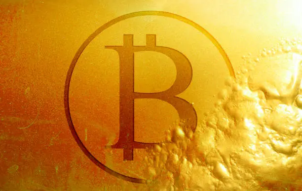 Bitcoin crisis concept. Golden plate with crypto currency rotting from within.