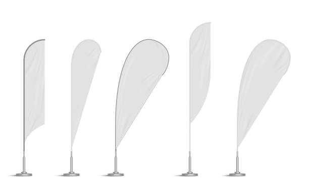 Bow and feather beach flags, blank curved banners Bow and feather beach flags, blank curved wind banners templates. Vertical signboards for outdoor city advertising. Expo stands mockup isolated on white background, Realistic 3d vector mock up set teardrop banner stock illustrations