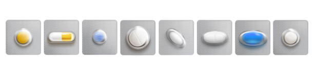 Blisters with one pill or tablet in pack, medicine Blisters with one pill or tablet in pack, medicine capsules mock up. Isolated painkiller, antibiotics pharmacy, remedy package elements for medical advertising, Realistic 3d vector illustration, set tablets blister stock illustrations