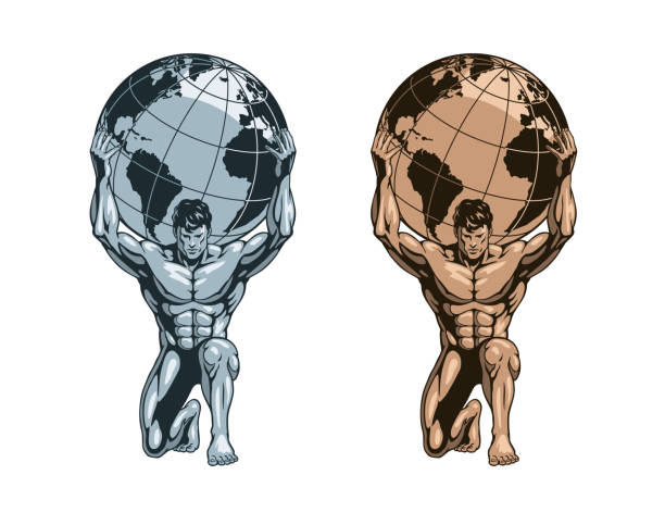 atlas oder titan hält den globus auf seinen schultern. bodybuilder athlet statue, gold oder bronze und silber versionen. vektorillustration. - mythologische gestalt stock-grafiken, -clipart, -cartoons und -symbole