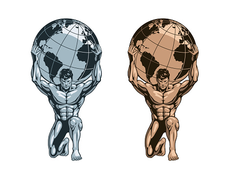 Atlas or Titan holding the globe on his shoulders. Bodybuilder athlete statue, monochrome gold or bronze and silver or steel versions. Vector illustration.