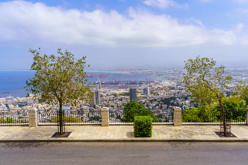View of the Louis Promenade on Mount Carmel, and the port and the Mediterranean Sea, in Haifa, Northern Israel