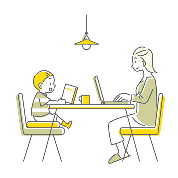 ilustraciones, imágenes clip art, dibujos animados e iconos de stock de madre trabajar desde casa - dining table illustrations