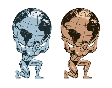 Atlas or Titan holding the globe on his shoulders. Metal bodybuilder athlete statue, monochrome gold or bronze and silver or steel versions. Vector illustration.