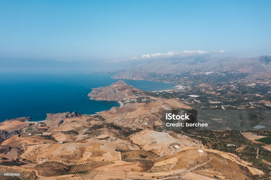 View On Plakias, Crete Aerial view on Idyllic Greek landscape near Plakias (Rethymno, Crete). Above Stock Photo