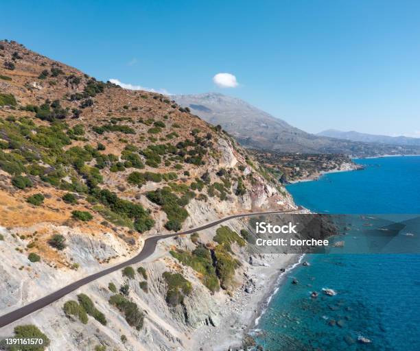 Aerial View On Road By The Sea Stock Photo - Download Image Now - Crete, Landscape - Scenery, Scenics - Nature
