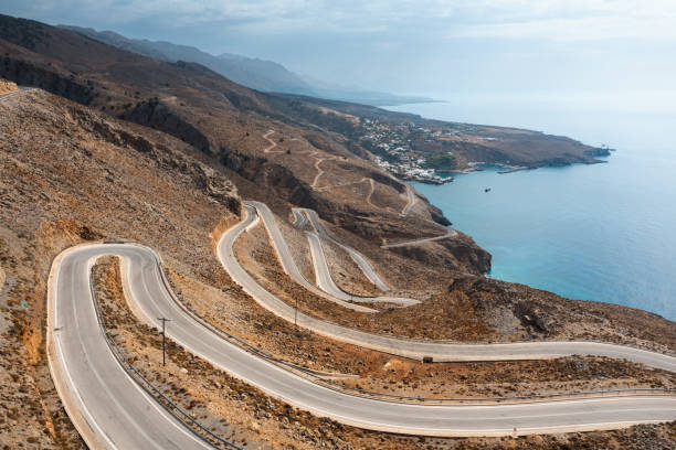 Curvy Mountain Road In Crete stock photo